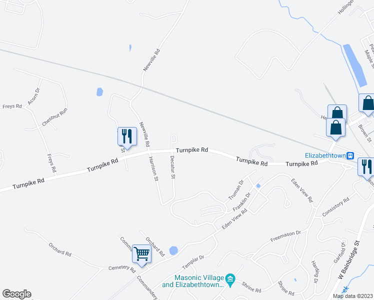 map of restaurants, bars, coffee shops, grocery stores, and more near 752 Turnpike Road in Elizabethtown