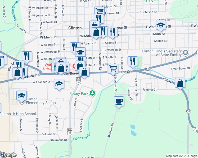 map of restaurants, bars, coffee shops, grocery stores, and more near 623 South Center Street in Clinton