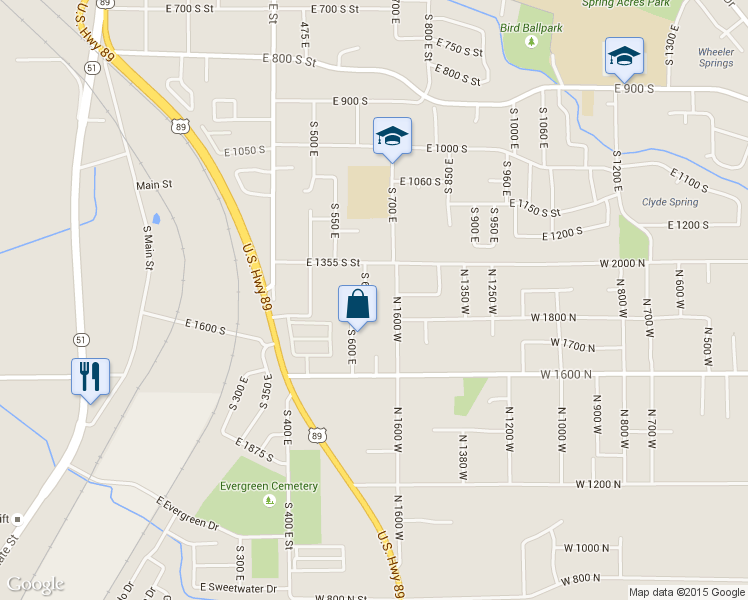 map of restaurants, bars, coffee shops, grocery stores, and more near 1403 South 625 East in Springville