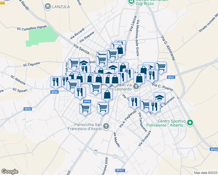 map of restaurants, bars, coffee shops, grocery stores, and more near 17 Via Alessandro Manzoni in Galatone
