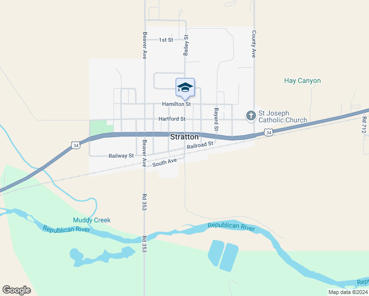 map of restaurants, bars, coffee shops, grocery stores, and more near Railroad Street in Stratton