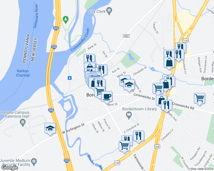map of restaurants, bars, coffee shops, grocery stores, and more near 151 2nd Street in Bordentown
