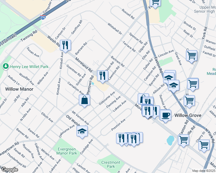 map of restaurants, bars, coffee shops, grocery stores, and more near 2828 Welsh Road in Willow Grove