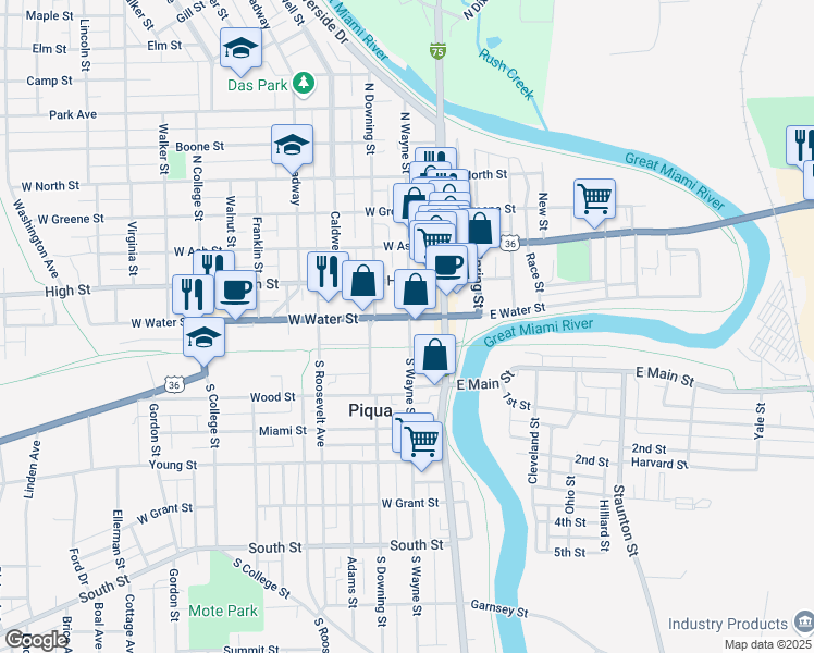 map of restaurants, bars, coffee shops, grocery stores, and more near 201 West Water Street in Piqua