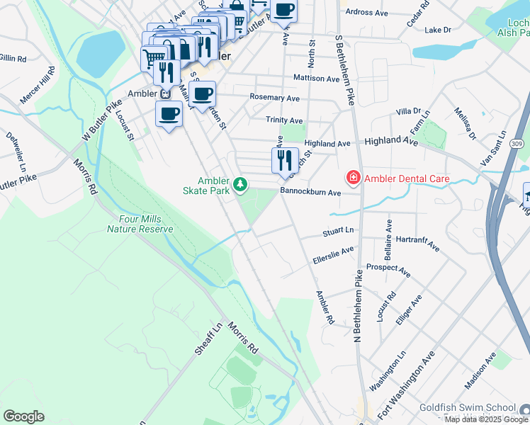 map of restaurants, bars, coffee shops, grocery stores, and more near 26 Church Street in Ambler