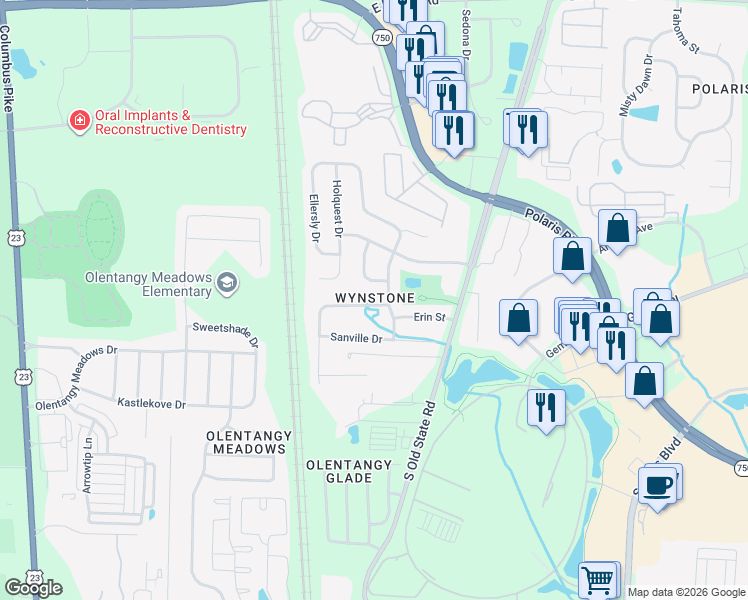 map of restaurants, bars, coffee shops, grocery stores, and more near 658 Arden Street in Lewis Center