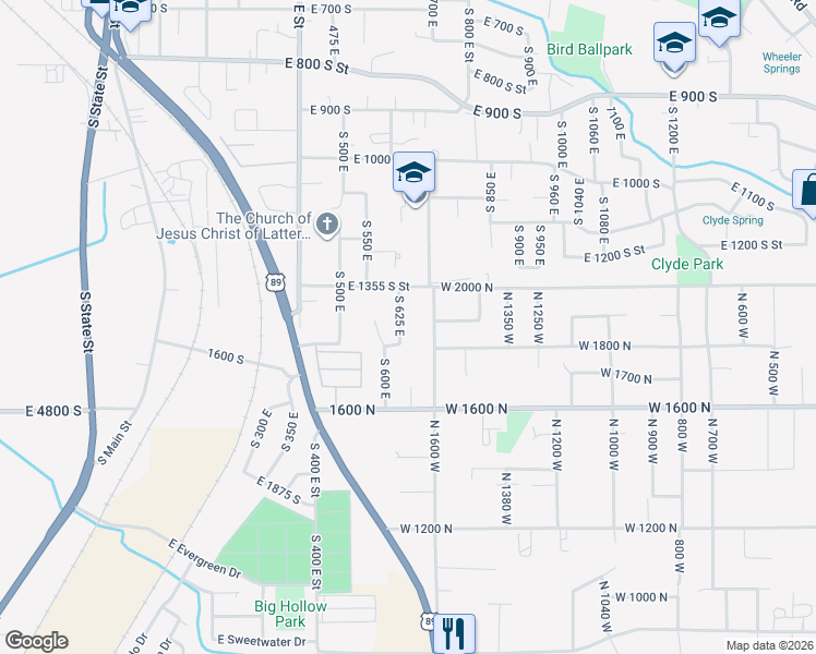 map of restaurants, bars, coffee shops, grocery stores, and more near 1403 South 625 East in Springville