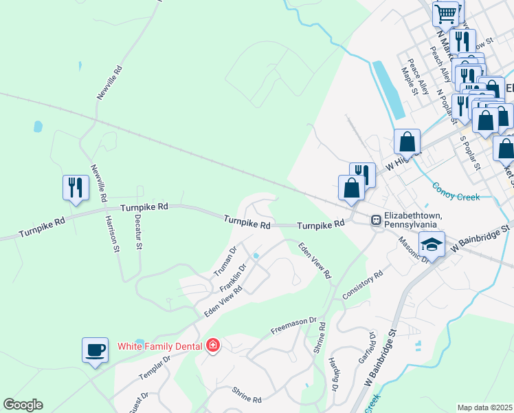 map of restaurants, bars, coffee shops, grocery stores, and more near 205 Mountainstone Drive in Elizabethtown