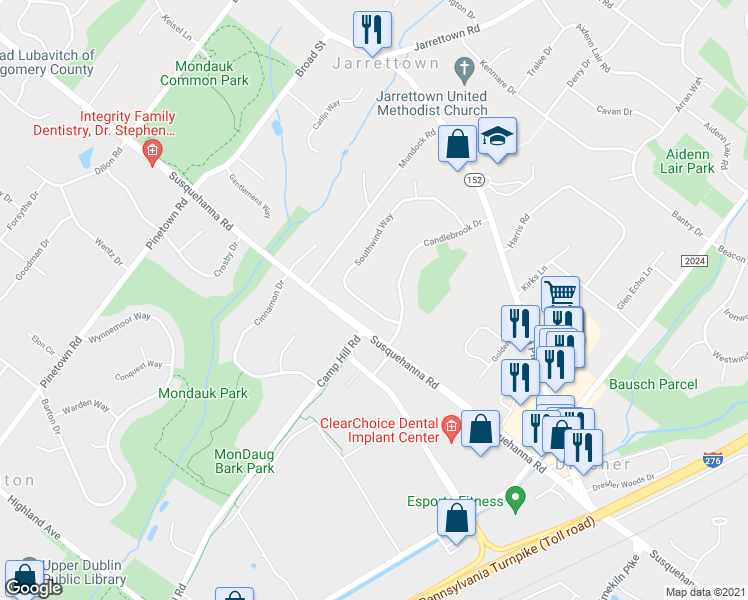map of restaurants, bars, coffee shops, grocery stores, and more near 1403 Southwind Way in Dresher