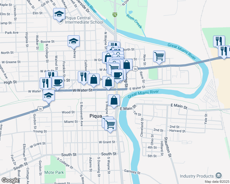 map of restaurants, bars, coffee shops, grocery stores, and more near 124 North Main Street in Piqua