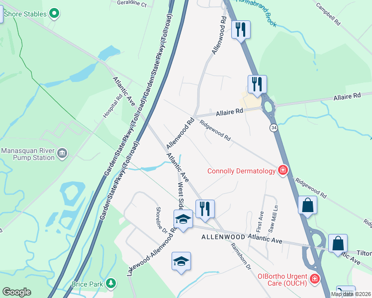 map of restaurants, bars, coffee shops, grocery stores, and more near 3245 Rambling Hill Court in Wall Township