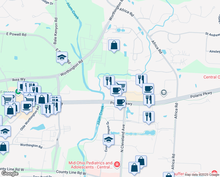 map of restaurants, bars, coffee shops, grocery stores, and more near 570 Polaris Parkway in Westerville