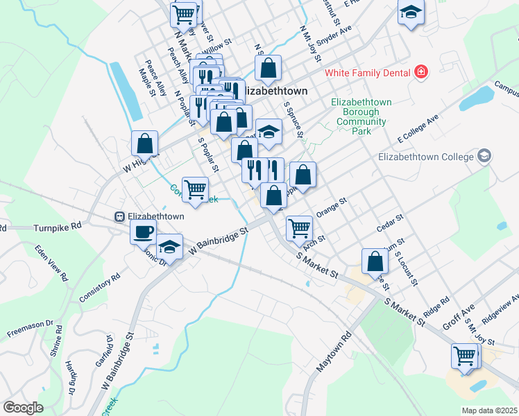 map of restaurants, bars, coffee shops, grocery stores, and more near 320 South Market Street in Elizabethtown
