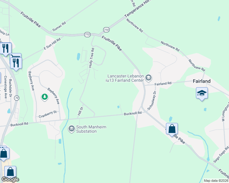 map of restaurants, bars, coffee shops, grocery stores, and more near 608 Bucknoll Road in Manheim