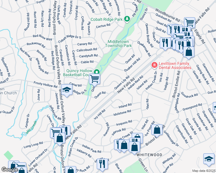 map of restaurants, bars, coffee shops, grocery stores, and more near 40 Quarter Turn West Road in Levittown