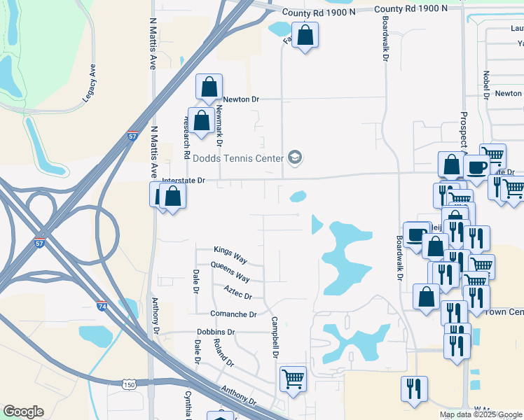 map of restaurants, bars, coffee shops, grocery stores, and more near 1406 Fairfax Drive in Champaign