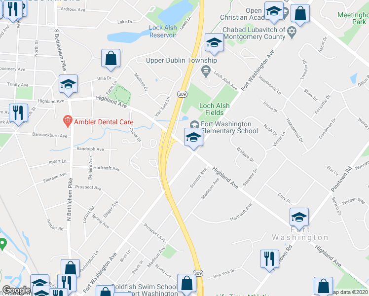 map of restaurants, bars, coffee shops, grocery stores, and more near 999 Highland Avenue in Fort Washington