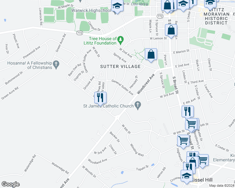 map of restaurants, bars, coffee shops, grocery stores, and more near 517 West Marion Street in Lititz