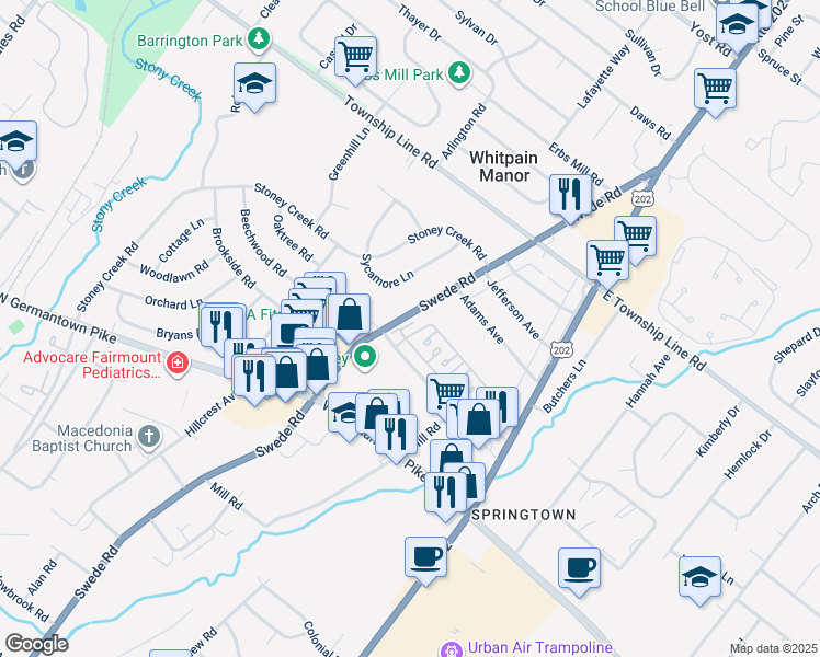 map of restaurants, bars, coffee shops, grocery stores, and more near 12 Trent Lane in Norristown