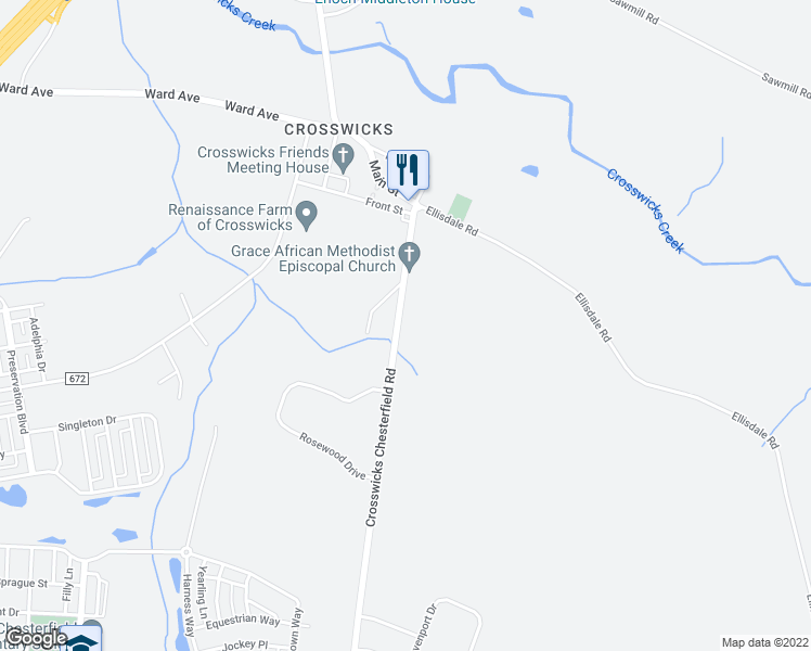map of restaurants, bars, coffee shops, grocery stores, and more near 29 Crosswicks Chesterfield Road in Crosswicks