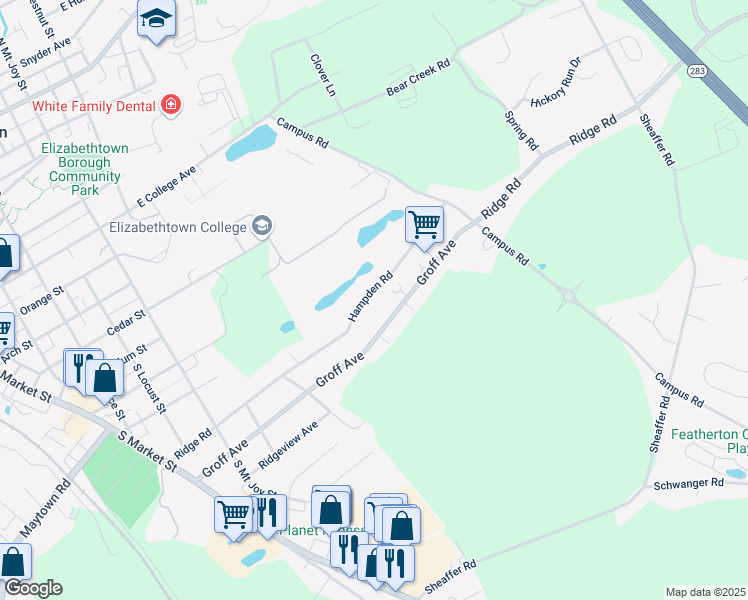 map of restaurants, bars, coffee shops, grocery stores, and more near 770 Hampden Road in Elizabethtown