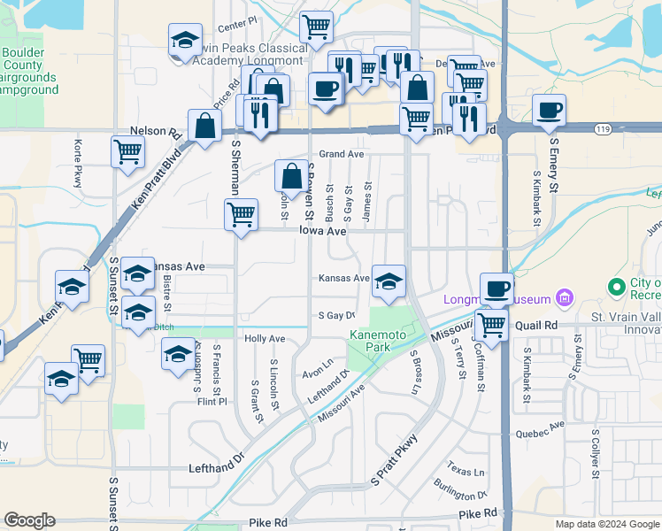 map of restaurants, bars, coffee shops, grocery stores, and more near 15 South Busch Lane in Longmont