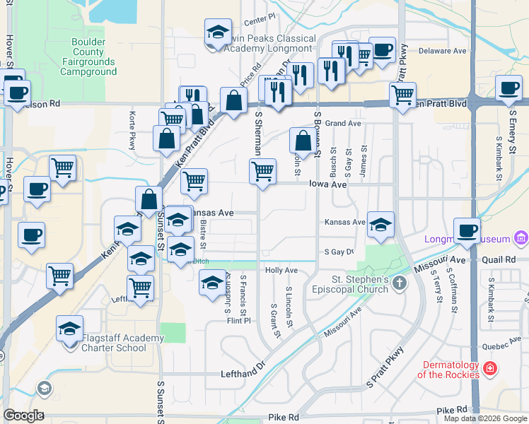 map of restaurants, bars, coffee shops, grocery stores, and more near 1205 South Sherman Street in Longmont