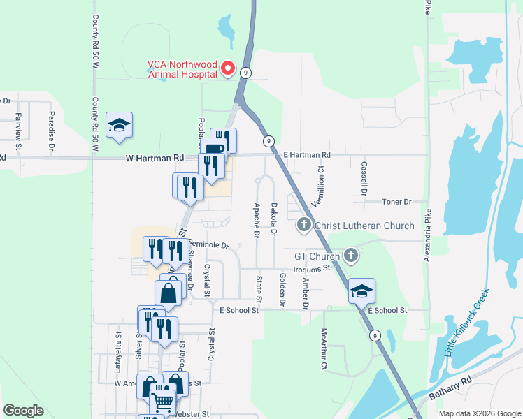 map of restaurants, bars, coffee shops, grocery stores, and more near 2822 Apache Drive in Anderson