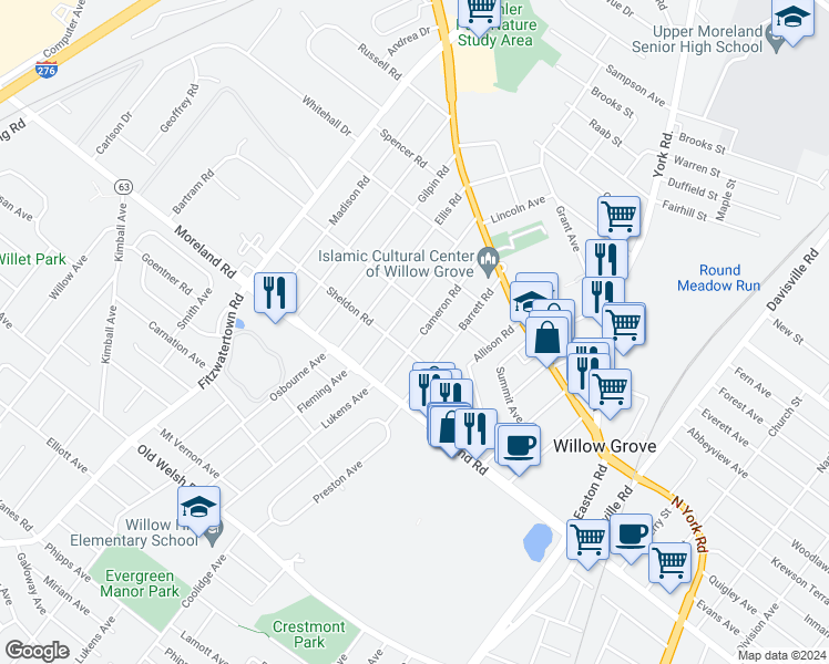map of restaurants, bars, coffee shops, grocery stores, and more near 120 Cameron Road in Willow Grove