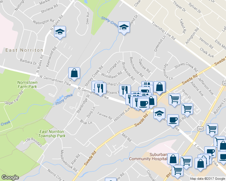 map of restaurants, bars, coffee shops, grocery stores, and more near 227 Bryans Road in Norristown