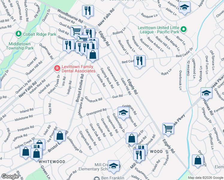 map of restaurants, bars, coffee shops, grocery stores, and more near 15 Gaping Rock Road in Levittown