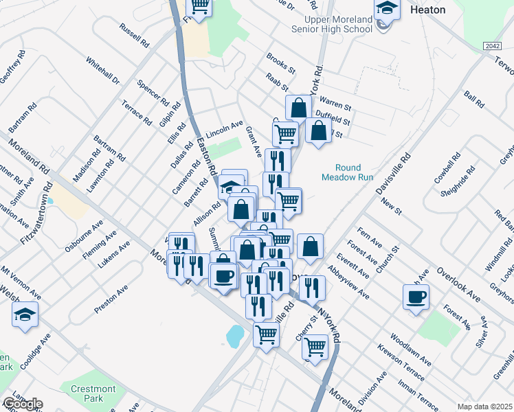 map of restaurants, bars, coffee shops, grocery stores, and more near 215 Summit Ave in Willow Grove