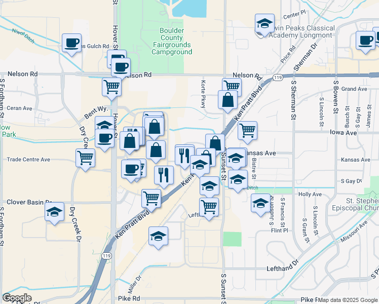 map of restaurants, bars, coffee shops, grocery stores, and more near 1900 Ken Pratt Boulevard in Longmont