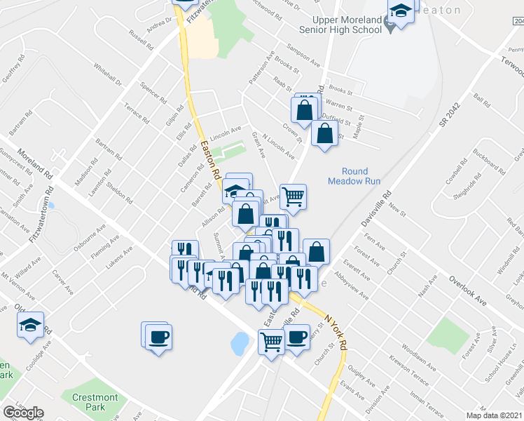 map of restaurants, bars, coffee shops, grocery stores, and more near 215 Summit Ave in Willow Grove