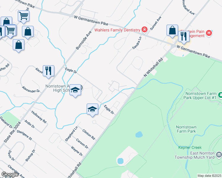 map of restaurants, bars, coffee shops, grocery stores, and more near 221 Stonybrook Drive in Norristown