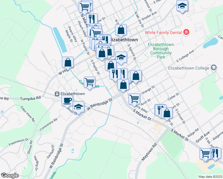 map of restaurants, bars, coffee shops, grocery stores, and more near 37 West Bainbridge Street in Elizabethtown