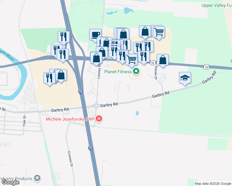 map of restaurants, bars, coffee shops, grocery stores, and more near 1244 Garbry Road in Piqua