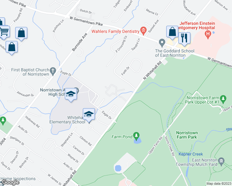 map of restaurants, bars, coffee shops, grocery stores, and more near 1056 Stonybrook Drive in Norristown
