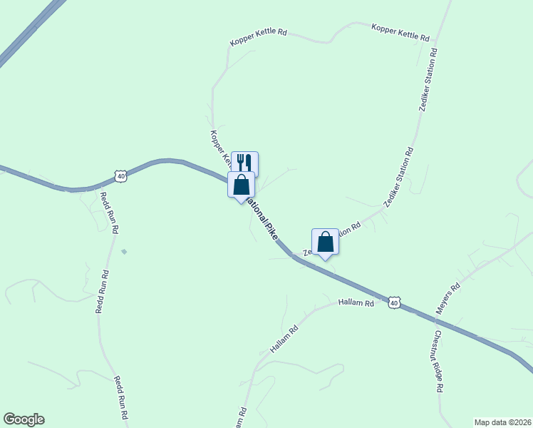 map of restaurants, bars, coffee shops, grocery stores, and more near 541 East National Pike in Washington