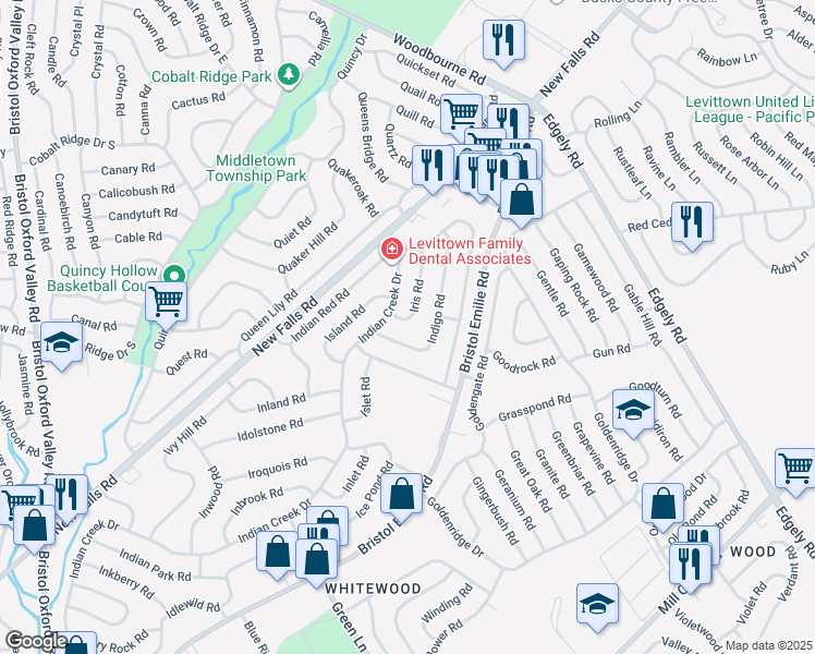 map of restaurants, bars, coffee shops, grocery stores, and more near 6 Iris Road in Levittown