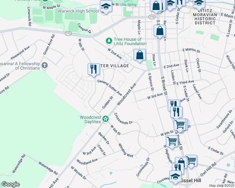 map of restaurants, bars, coffee shops, grocery stores, and more near 503 Golden Street in Lititz
