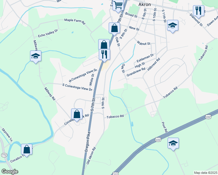 map of restaurants, bars, coffee shops, grocery stores, and more near 481 South 9th Street in Akron