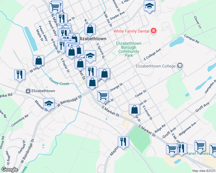 map of restaurants, bars, coffee shops, grocery stores, and more near 423 South Hanover Street in Elizabethtown