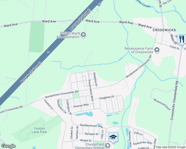 map of restaurants, bars, coffee shops, grocery stores, and more near 117 Adelphia Drive in Burlington County