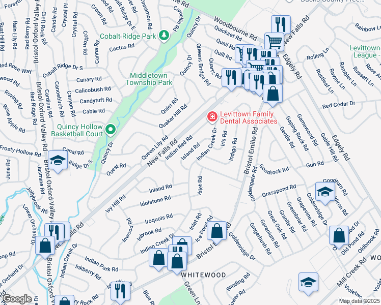 map of restaurants, bars, coffee shops, grocery stores, and more near 52 Island Road in Levittown
