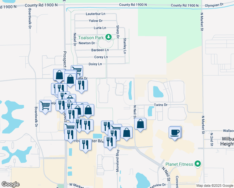 map of restaurants, bars, coffee shops, grocery stores, and more near 2714 Madelynn Drive in Champaign