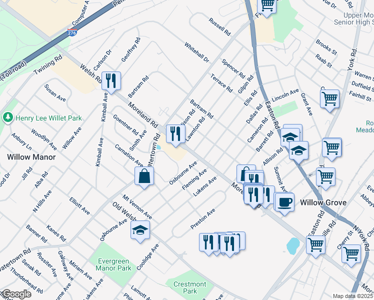 map of restaurants, bars, coffee shops, grocery stores, and more near 2828 Welsh Road in Willow Grove