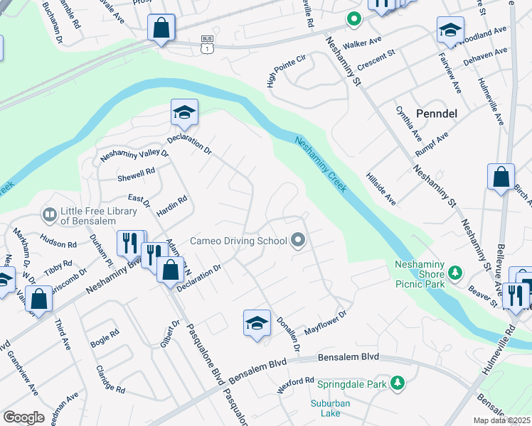 map of restaurants, bars, coffee shops, grocery stores, and more near 6521 Senator Lane in Bensalem