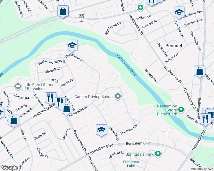 map of restaurants, bars, coffee shops, grocery stores, and more near 6612 Senator Lane in Bensalem