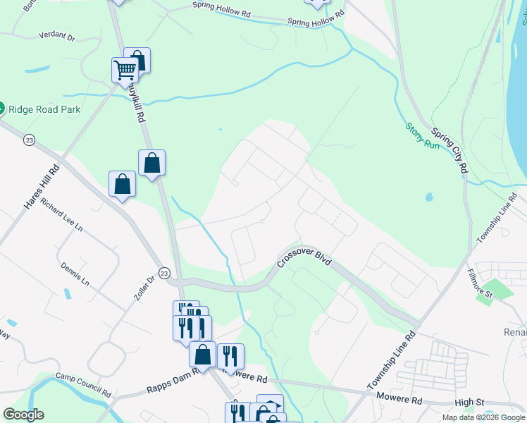 map of restaurants, bars, coffee shops, grocery stores, and more near 1030 Iron Works Road in Phoenixville